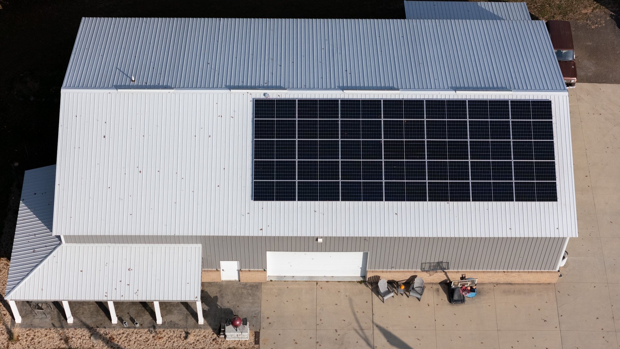Top-down view of roof-mounted commercial solar panels