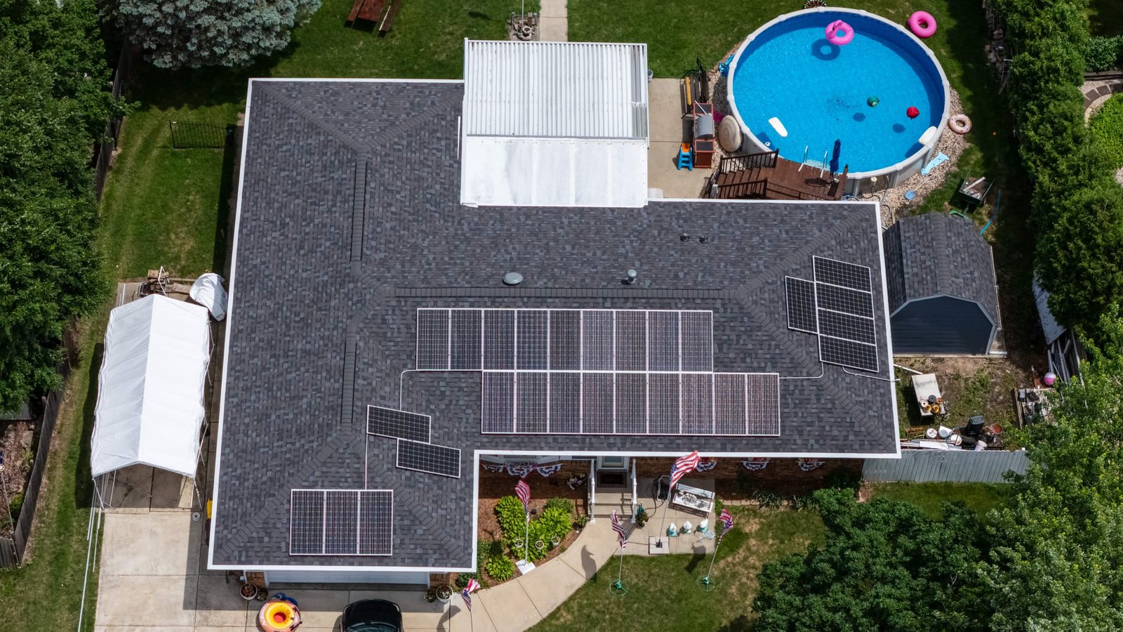 Aerial view of a completed residential rooftop solar installation by Braven Solar