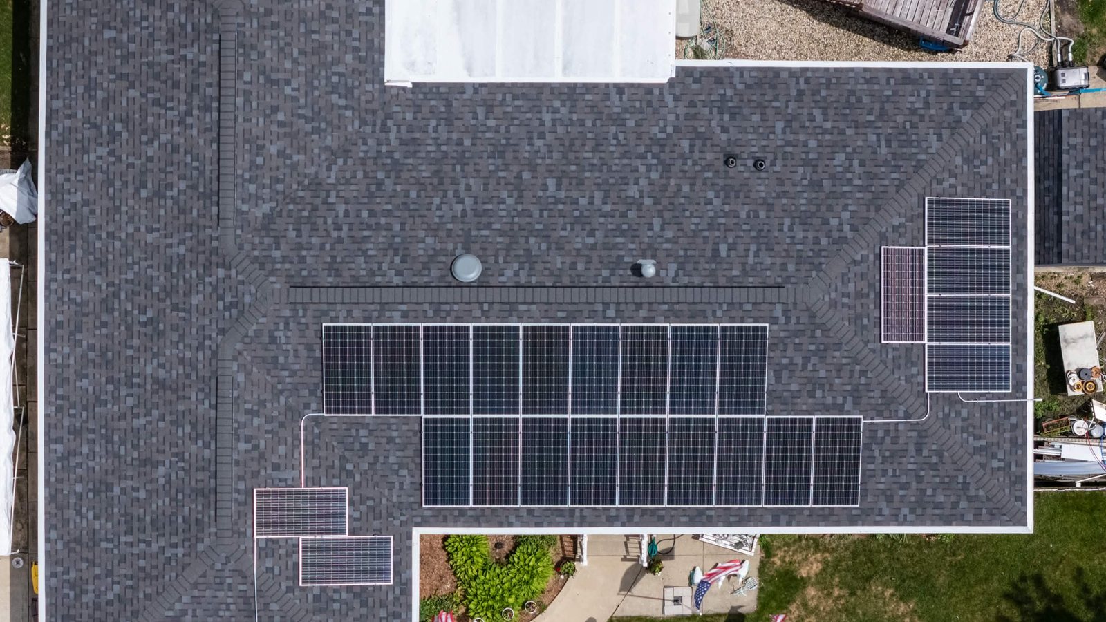 Aerial view of a completed residential rooftop solar installation by Braven Solar